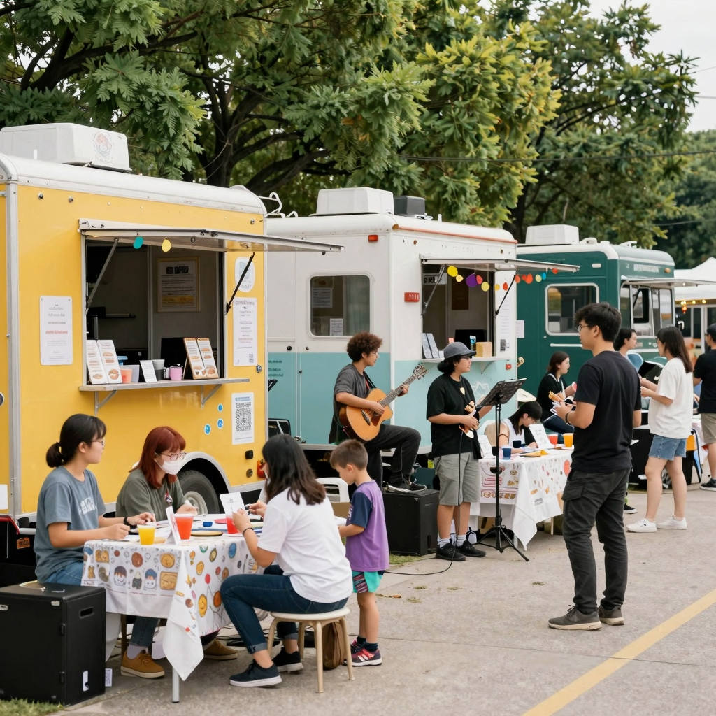 A vibrant food truck community event
