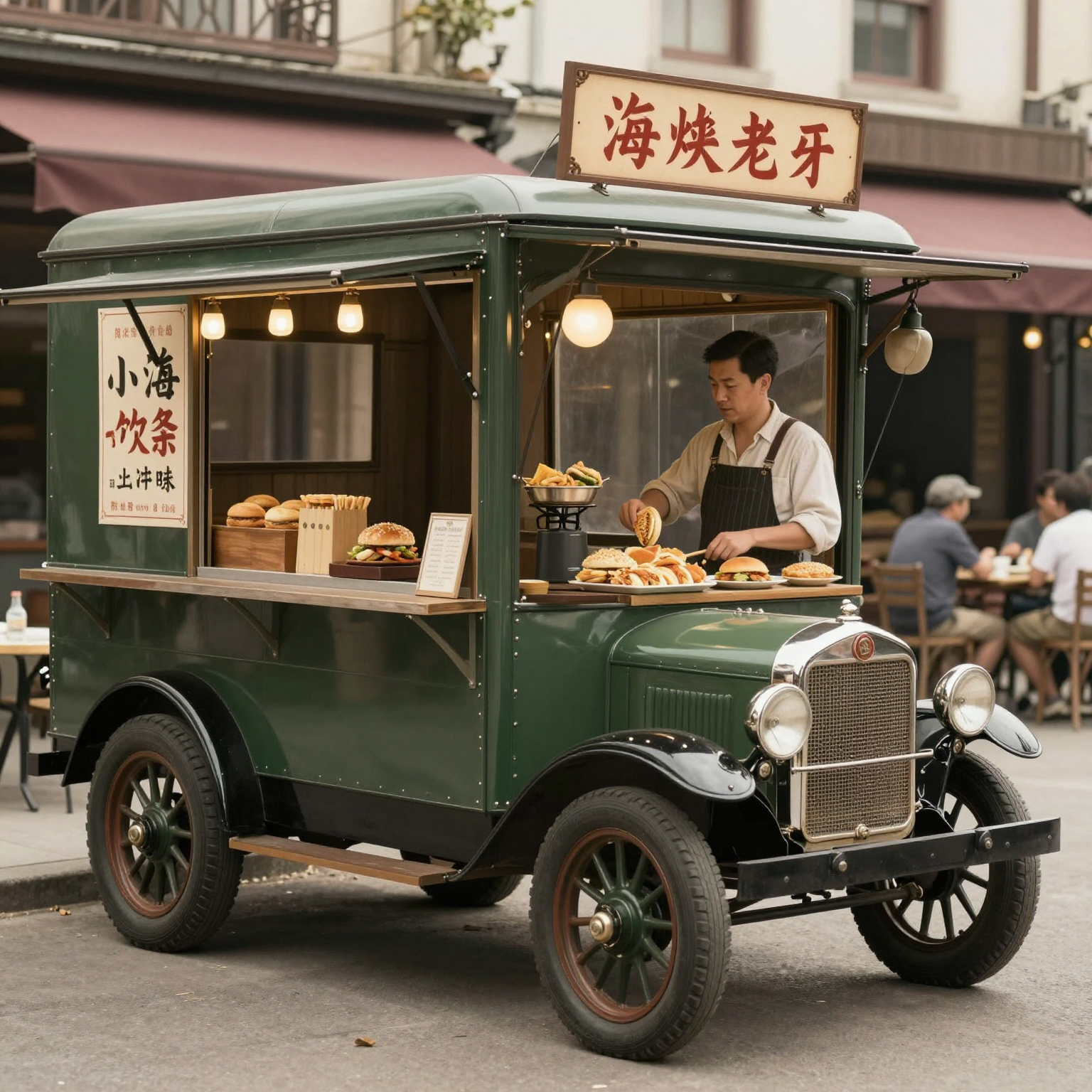 A nostalgic depiction of early 20th-century food trucks, showcasing their origins with vintage designs, bustling streets, and classic food offerings. The image should convey a warm, inviting atmosphere that reflects the charm and history of food trucks.