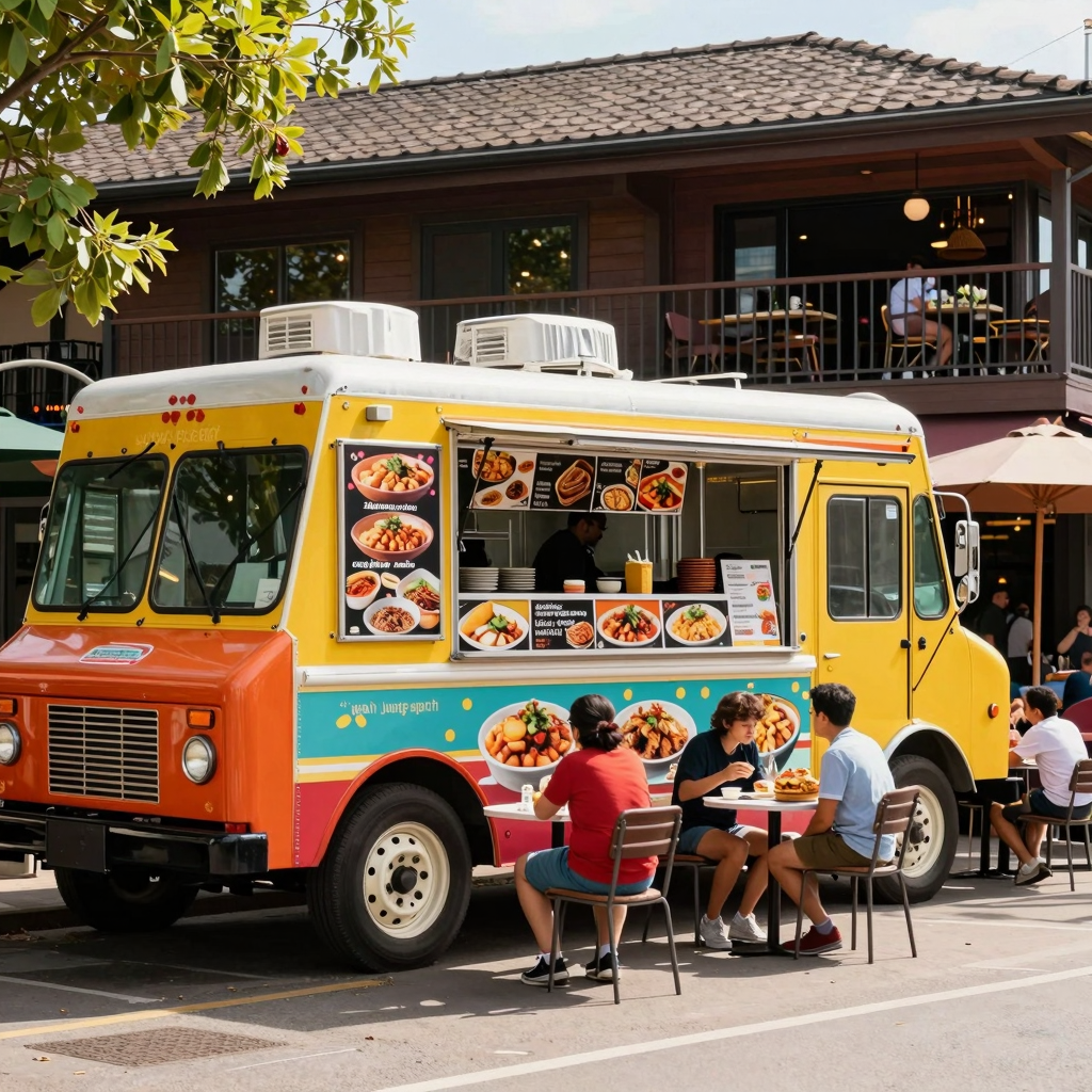 A vibrant food truck parked next to a bustling restaurant with outdoor seating.