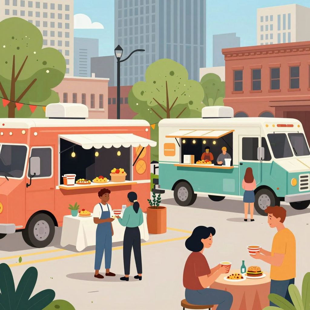 Event planners interacting with food trucks at an outdoor event
