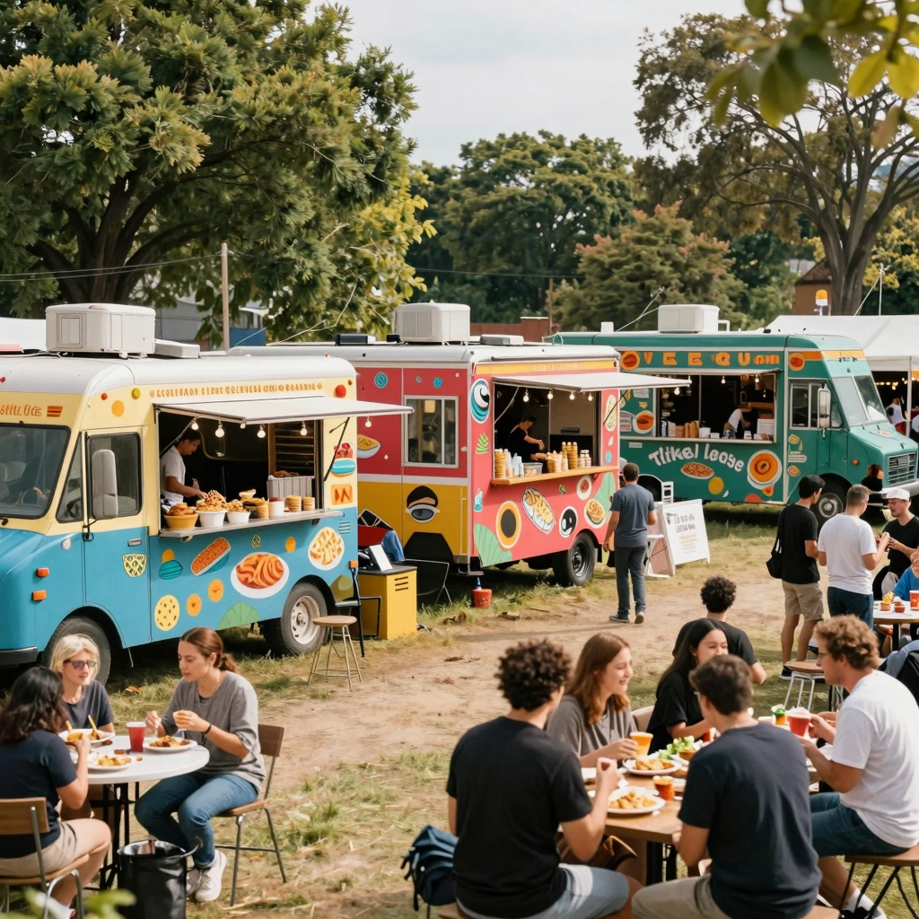 A vibrant scene featuring a variety of food trucks in a lively outdoor food event.