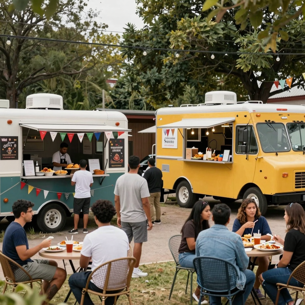A lively food truck scene showing trucks of different styles and colors serving various types of food.