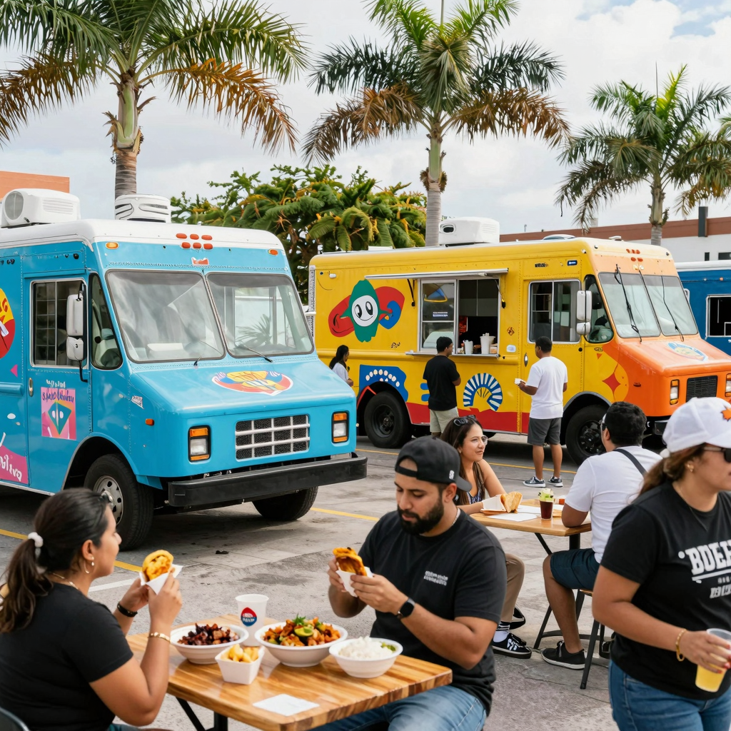 A vibrant and lively depiction of Miami's food truck scene, showcasing a variety of food trucks with colorful exteriors, diverse people sampling an array of delicious cuisines, palm trees in the background, and an energetic atmosphere that reflects Miami's rich culture. The scene should be bustling with activity, representing the joy of street food in a sunlit environment.