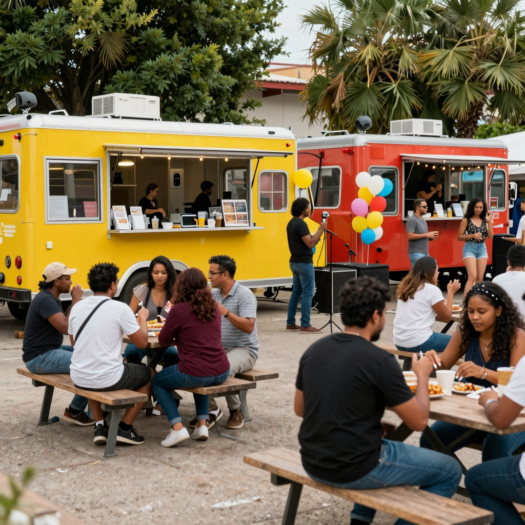 Vibrant food truck scene with live music and community atmosphere