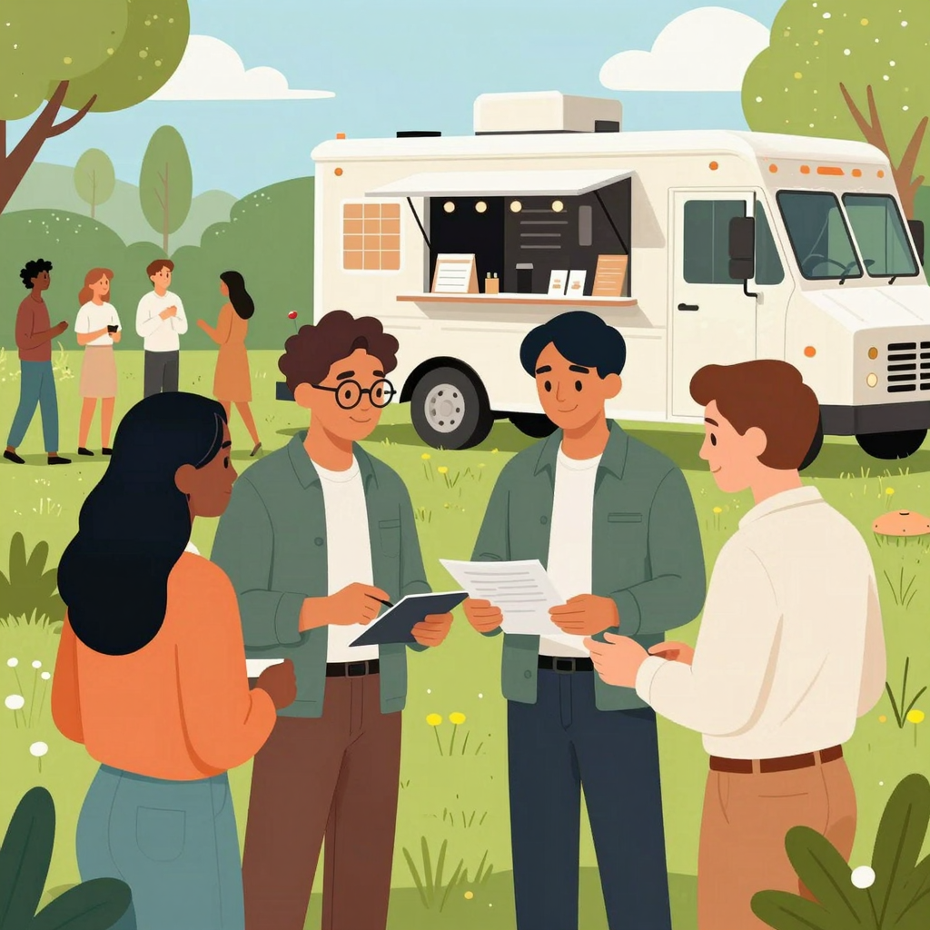 Event planners discussing food truck agreements