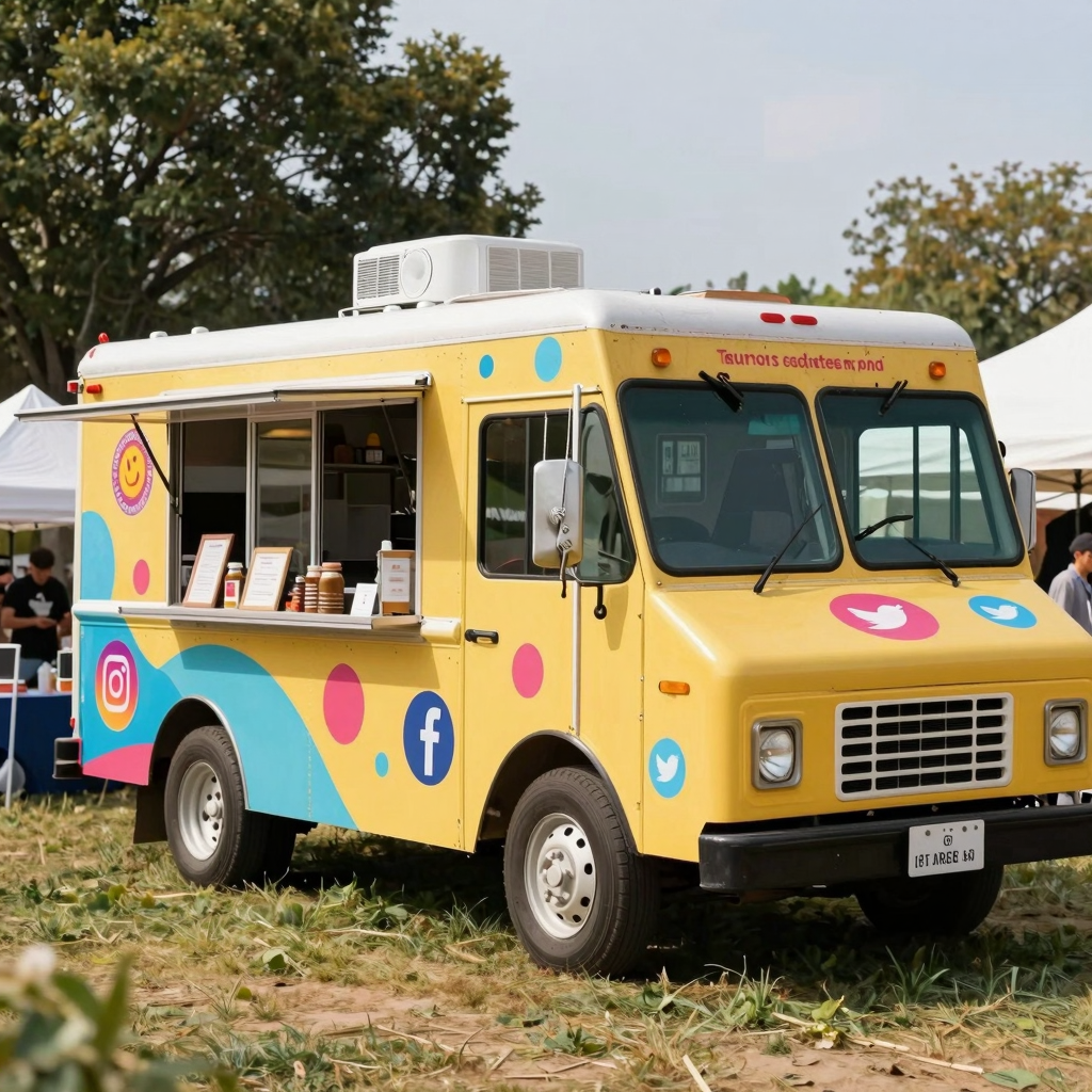 Vibrant Food Truck with Social Media Icons