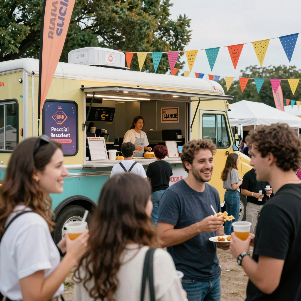 A vibrant food truck at a lively event setting, surrounded by happy event-goers enjoying food and drinks.