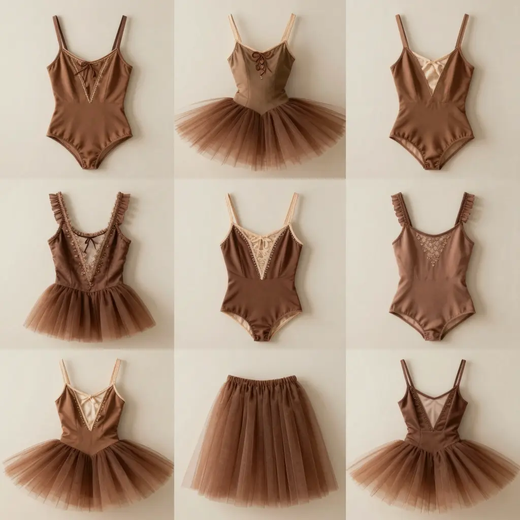 Different styles of brown tutus displayed elegantly