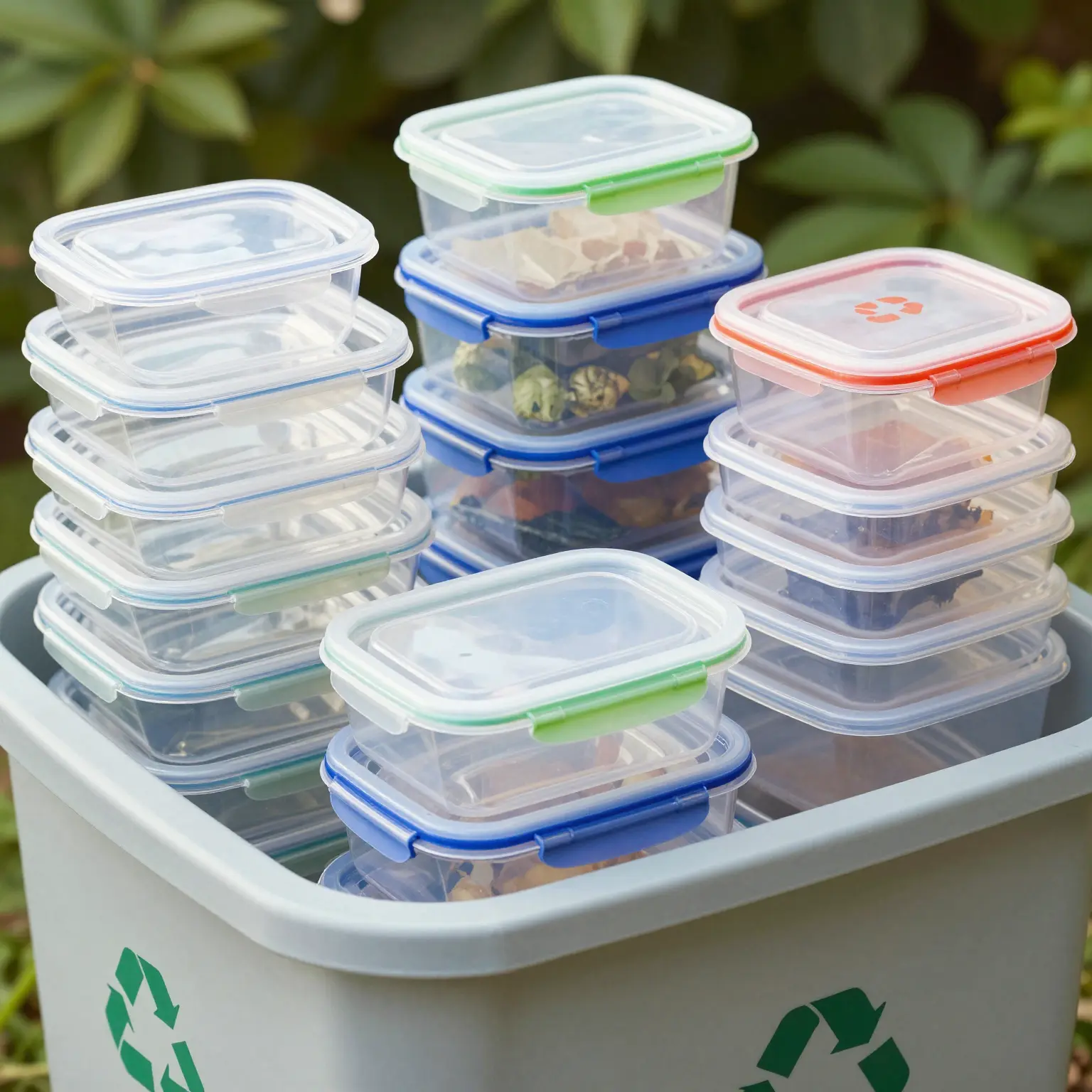 Assorted Plastic Food Storage Containers Being Recycled