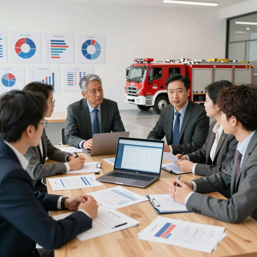Business meeting discussing fire truck supplier criteria
