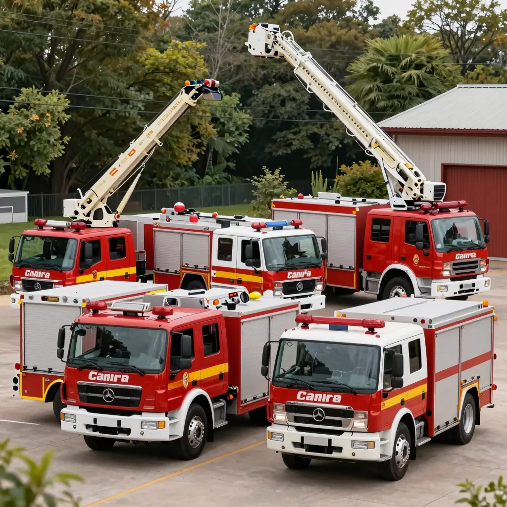 A variety of fire trucks, including aerial trucks, tanker trucks, and rescue trucks, displayed in an engaging setting
