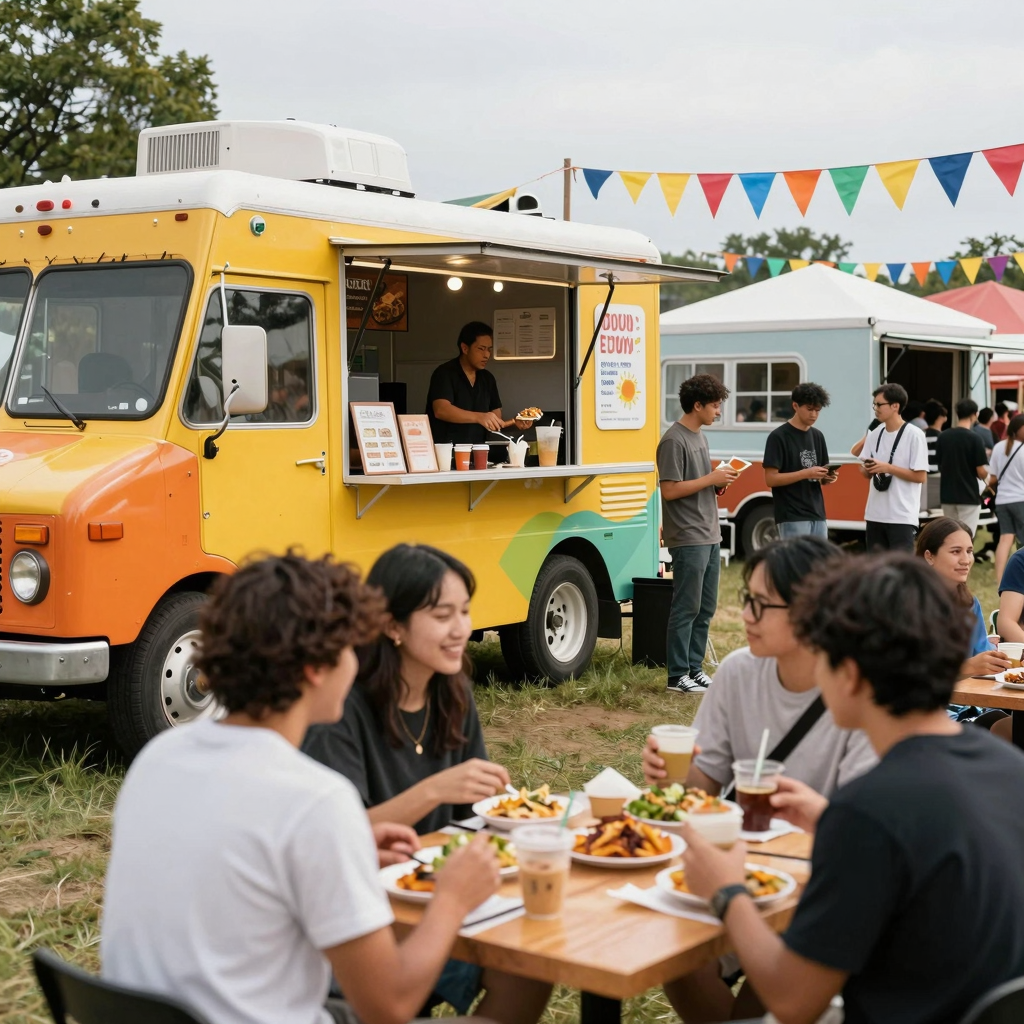 A vibrant food truck festival with colorful trucks and happy people