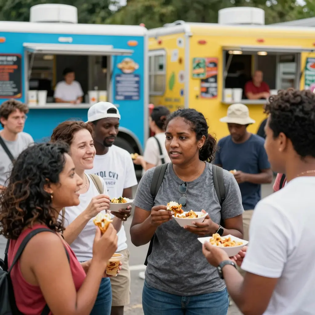 Diverse crowd at food truck event