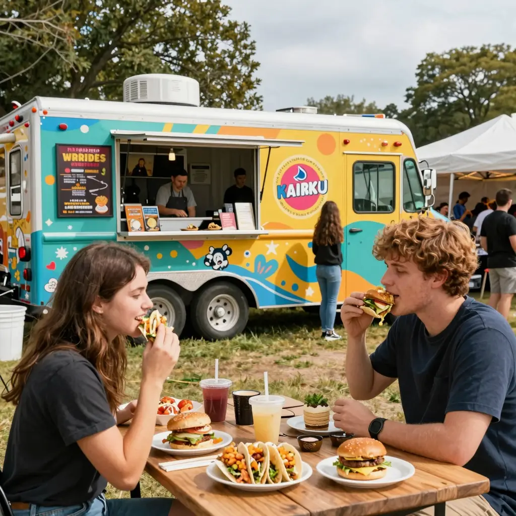 A vibrant food truck festival scene showcasing a variety of food trucks with colorful designs. Food Truck Festival Scene