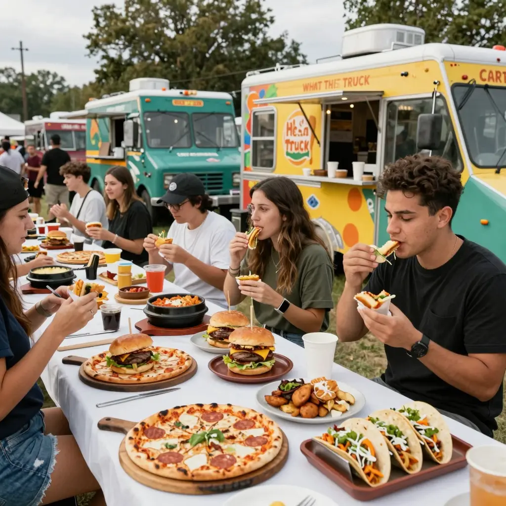Lively food truck gathering at What the Truck event featuring diverse cuisines