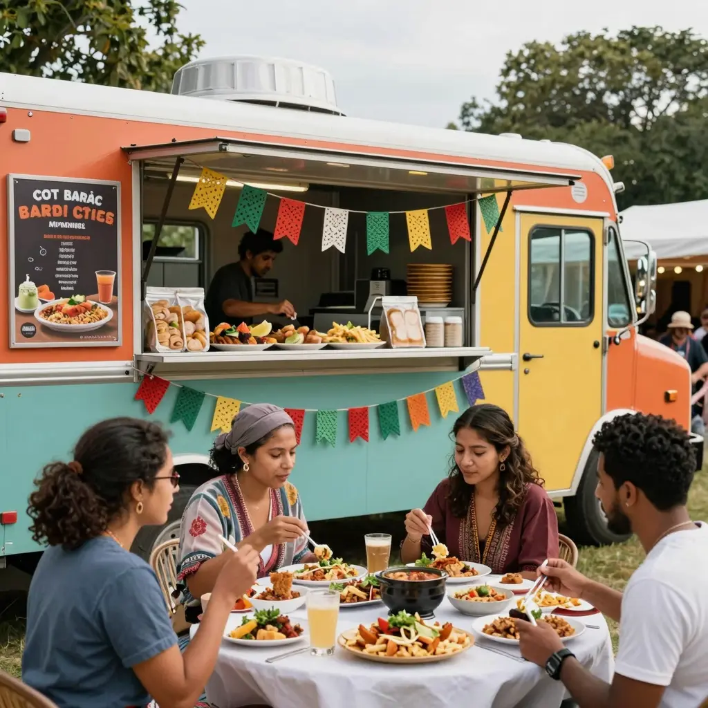 A vibrant food truck with diverse food options being served at an outdoor event
