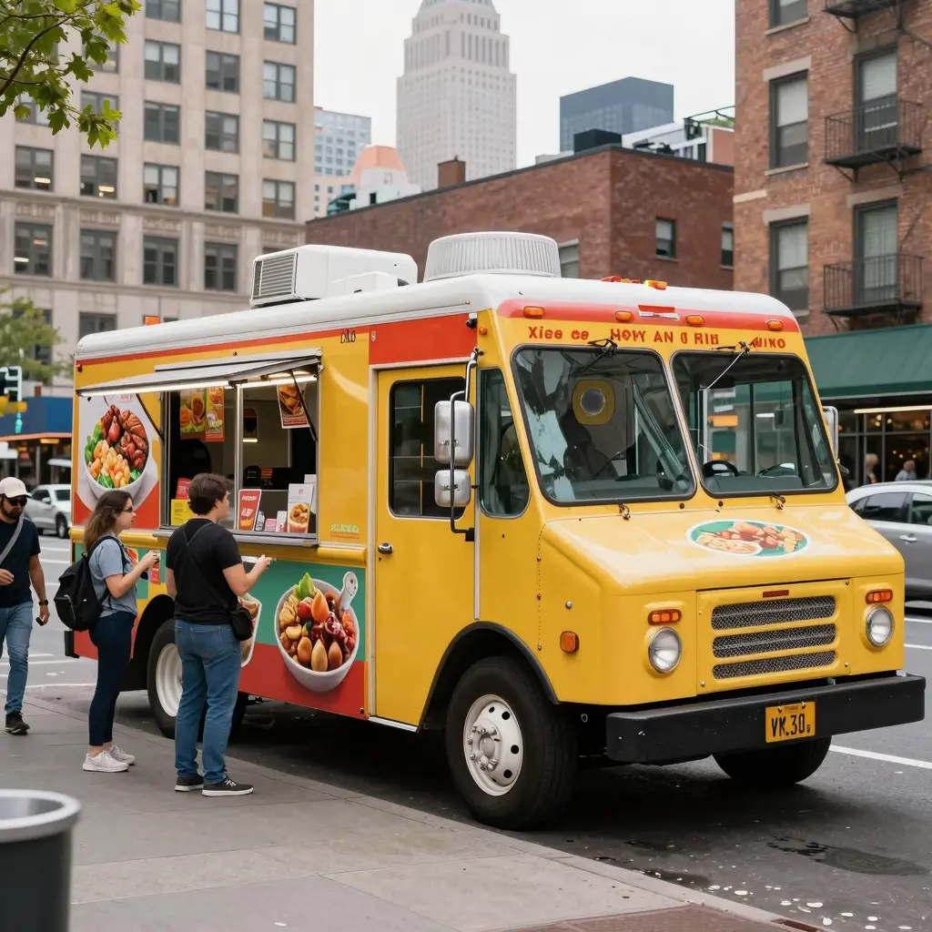 A vibrant food truck parked in a busy New York City street, surrounded by pedestrians enjoying the bustling atmosphere.
