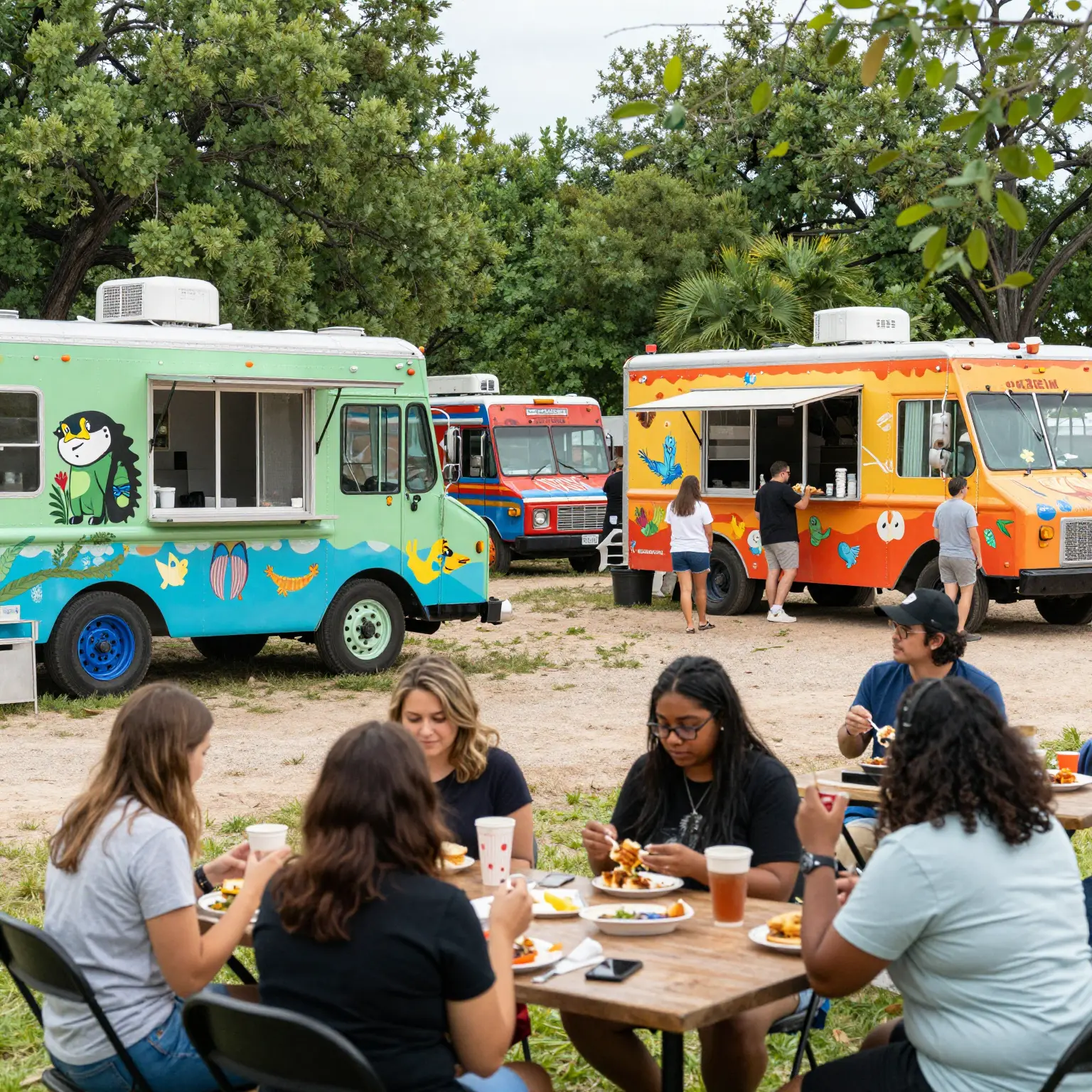 A bustling food truck park in Austin