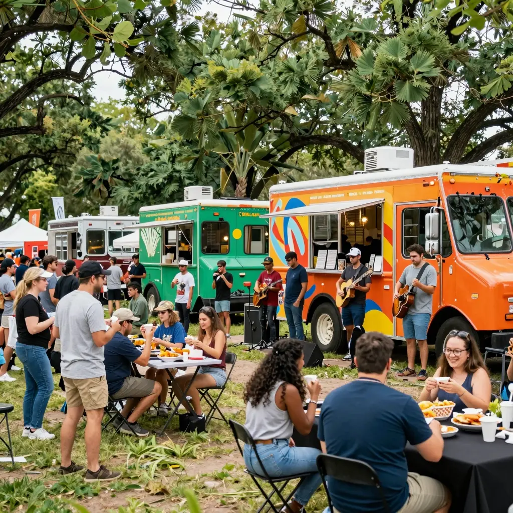 A lively food truck event in Austin showcasing colorful food trucks and festive crowds.