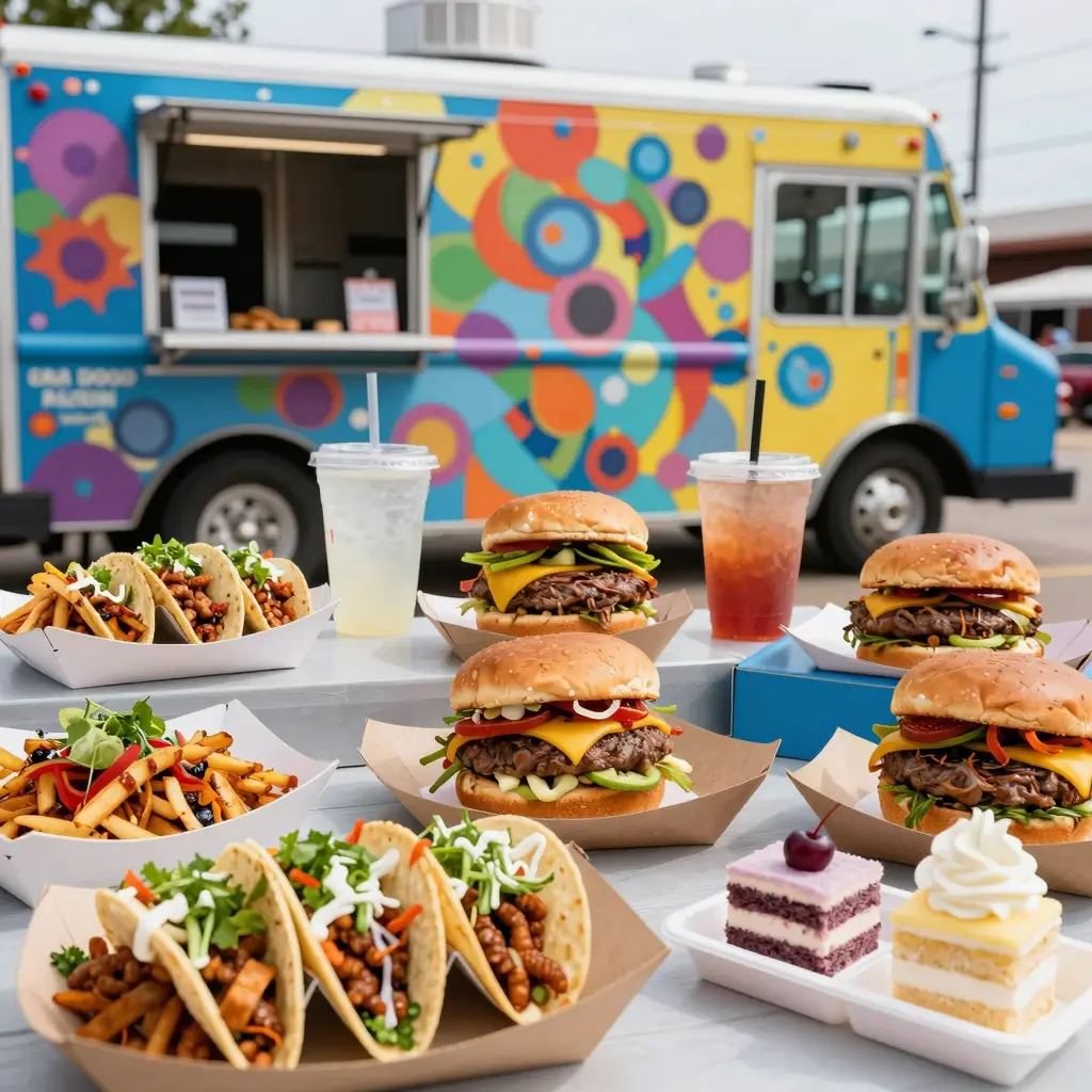 A vibrant and colorful display of various food truck cuisines from Austin, showcasing a selection of delicious street food items.