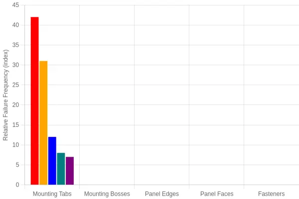 Bar chart titled "Where Fairing Failures Begin" comparing relative failure frequency across mounting tabs, mounting bosses, panel edges, panel faces, and fasteners, with tabs and bosses showing the highest bars.