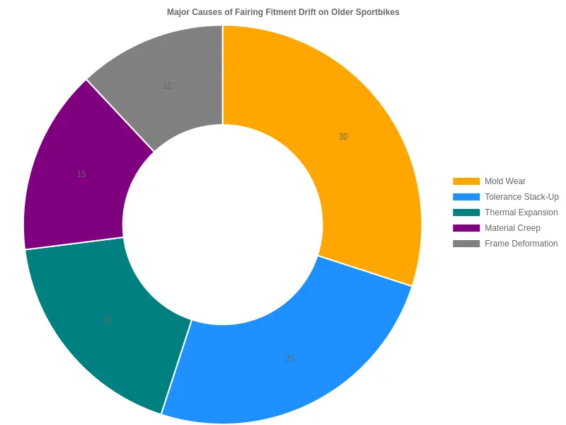 Doughnut chart showing the proportional contribution of major causes of fairing fitment drift on older sportbike models, including mold wear, tolerance stack-up, thermal expansion, material creep, and frame deformation.