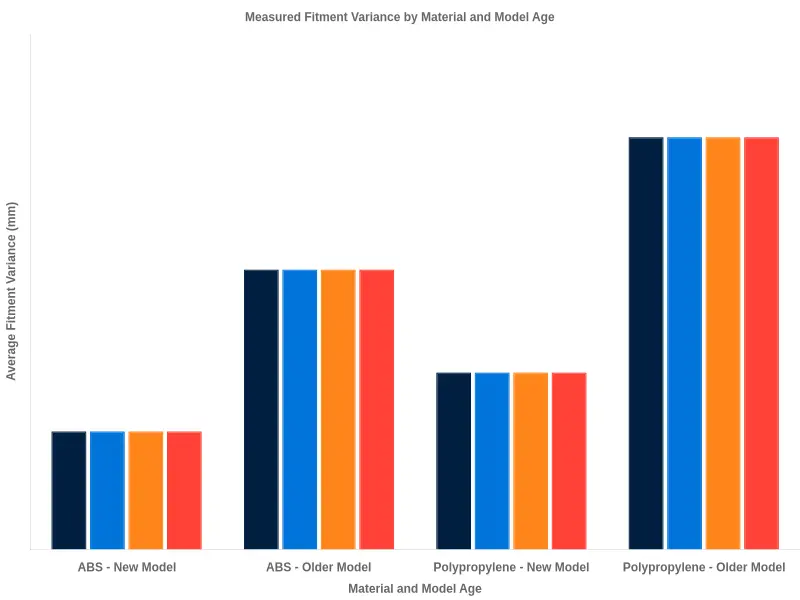 Bar chart titled "Measured Fitment Variance by Material and Model Age" comparing average fitment variance in millimetres across four categories. ABS on a new model shows 0.8 mm, ABS on an older model shows 1.9 mm, polypropylene on a new model shows 1.2 mm, and polypropylene on an older model shows 2.8 mm, illustrating that variance rises with both model age and material stiffness.