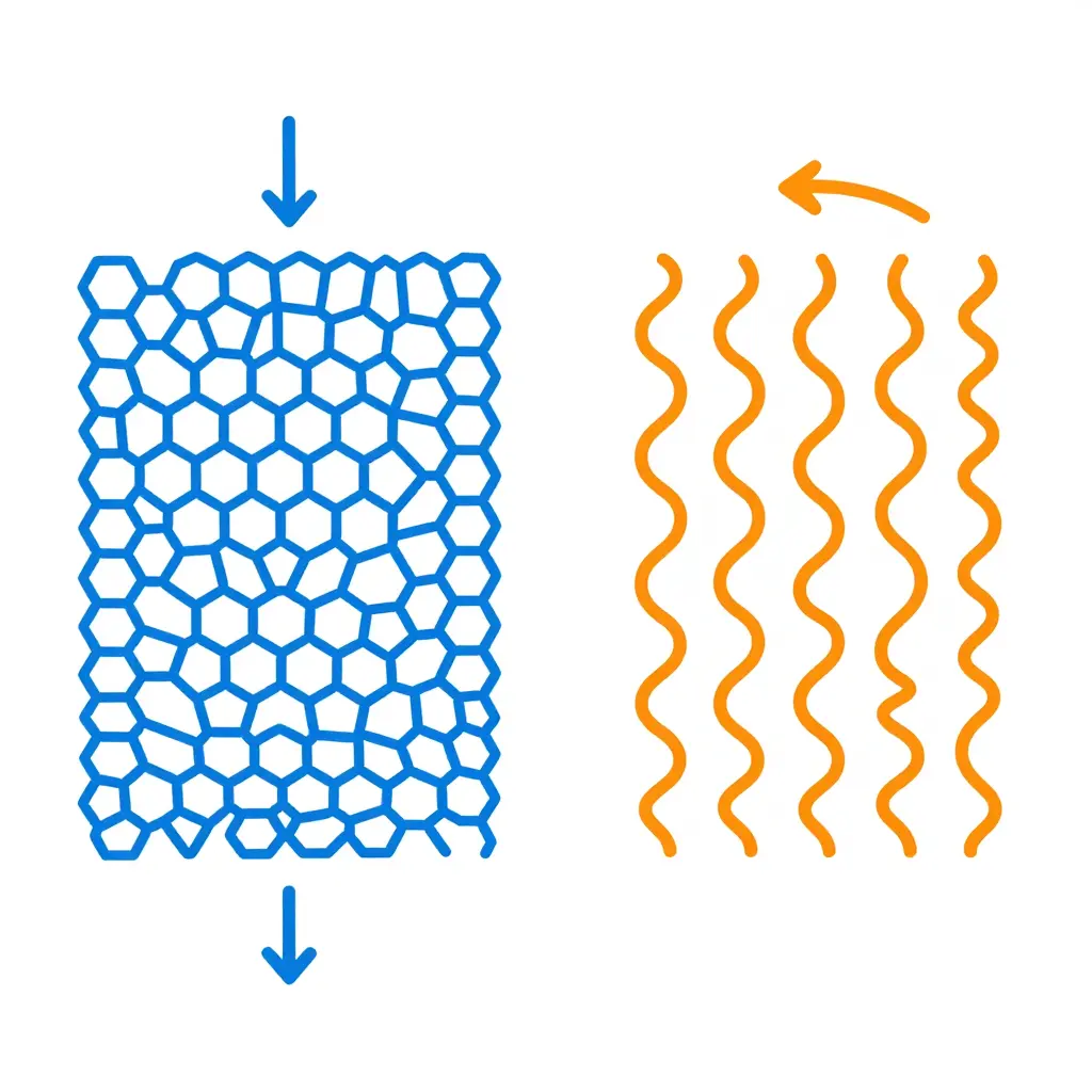 Diagram contrasting ABS rigidity and polypropylene flexibility at the molecular level