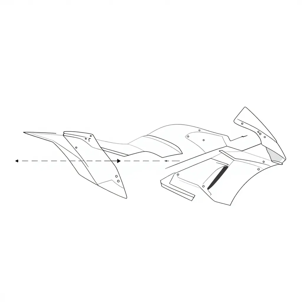 Flat minimal 2D technical schematic of a sportbike fairing line showing abstract panel shapes connected by circular bolt-point symbols, with directional arrows and dashed centerlines illustrating cumulative tolerance offsets that widen progressively along the row, plus layered overlapping outlines representing stacked dimensional error compounding toward one end.