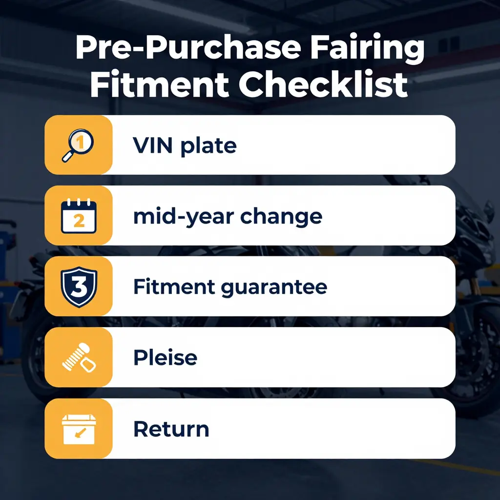 Pre-purchase fairing fitment checklist infographic with five numbered verification steps
