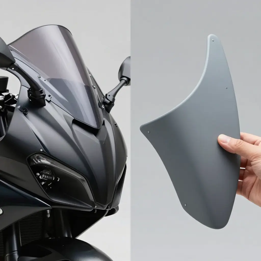 Side-by-side comparison of a rigid glossy black ABS fairing panel and a flexible gray polypropylene fairing panel for an older sportbike