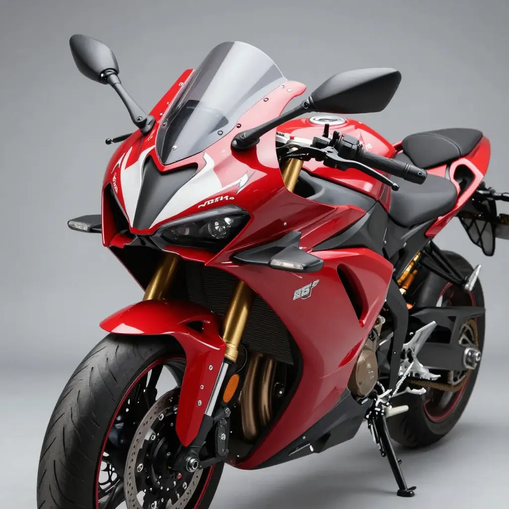 Glossy sportbike motorcycle fitted with a freshly painted ABS fairing kit, showing sculpted bodywork panels and mounting points