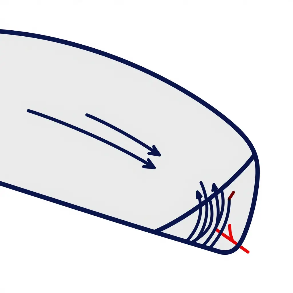 Minimalist line-art diagram showing load arrows traveling through a fairing panel into a narrow mounting tab, with curved stress-flow lines bunching at the tab's inner corner and a jagged crack symbol marking the initiation point.