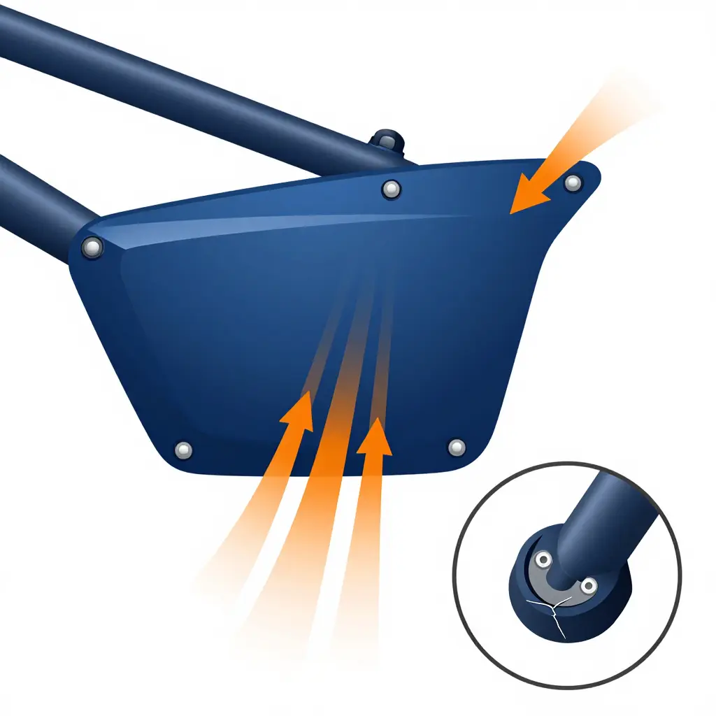 Cutaway diagram showing vibration energy spreading across a fairing panel while concentrating in motorcycle fairing tabs