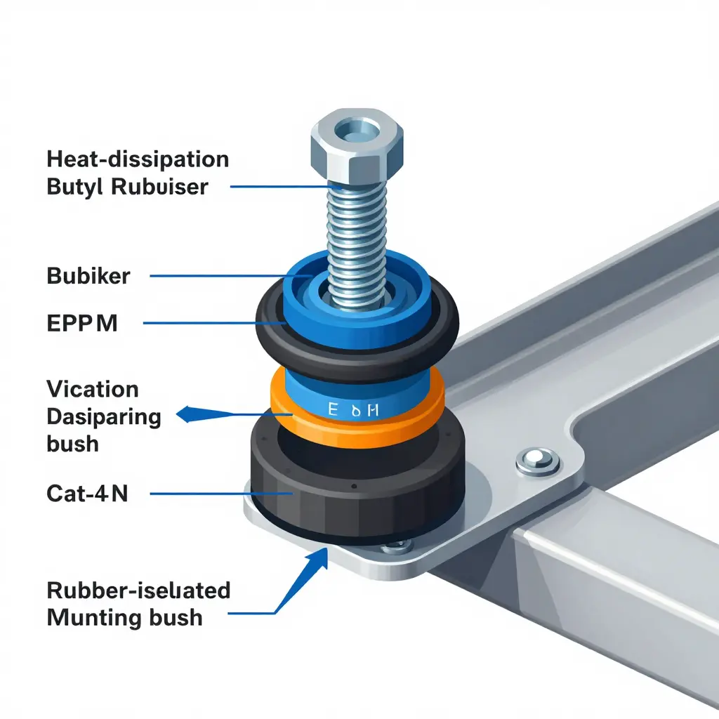 Cutaway diagram of a fairing mounting tab showing butyl and EPDM rubber washers, a silicone grommet, and a rubber-isolated mounting bushing converting vibration energy into heat
