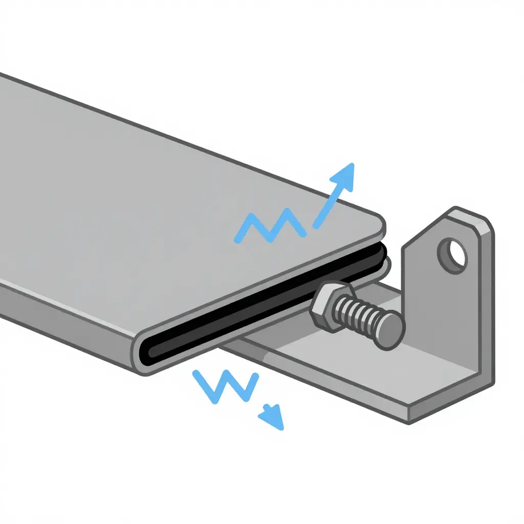 Minimalist 2D flat-vector cross-section schematic showing a metal mounting tab and frame plate with a rubber damping washer/grommet sandwiched between them, a bolt passing through all layers, and arrows showing vibration energy being absorbed at the rubber layer instead of traveling into the tab root