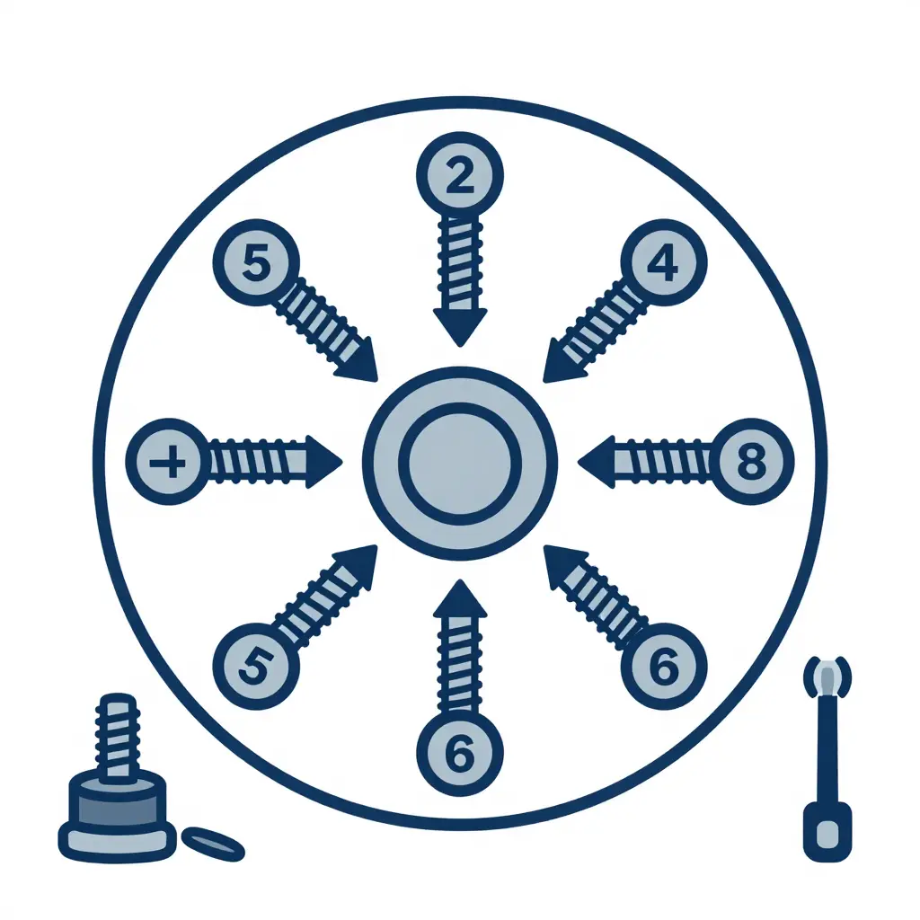 Diagram of a star-pattern bolt tightening sequence on a fairing mounting flange with a shoulder bolt and rubber isolator side view