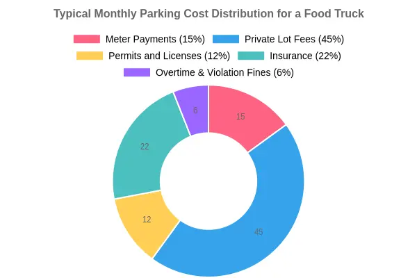 Doughnut chart titled "Typical Monthly Parking Cost Distribution for a Food Truck" showing meter payments 15%, private lot fees 45%, permits and licenses 12%, insurance 22%, and overtime and violation fines 6%
