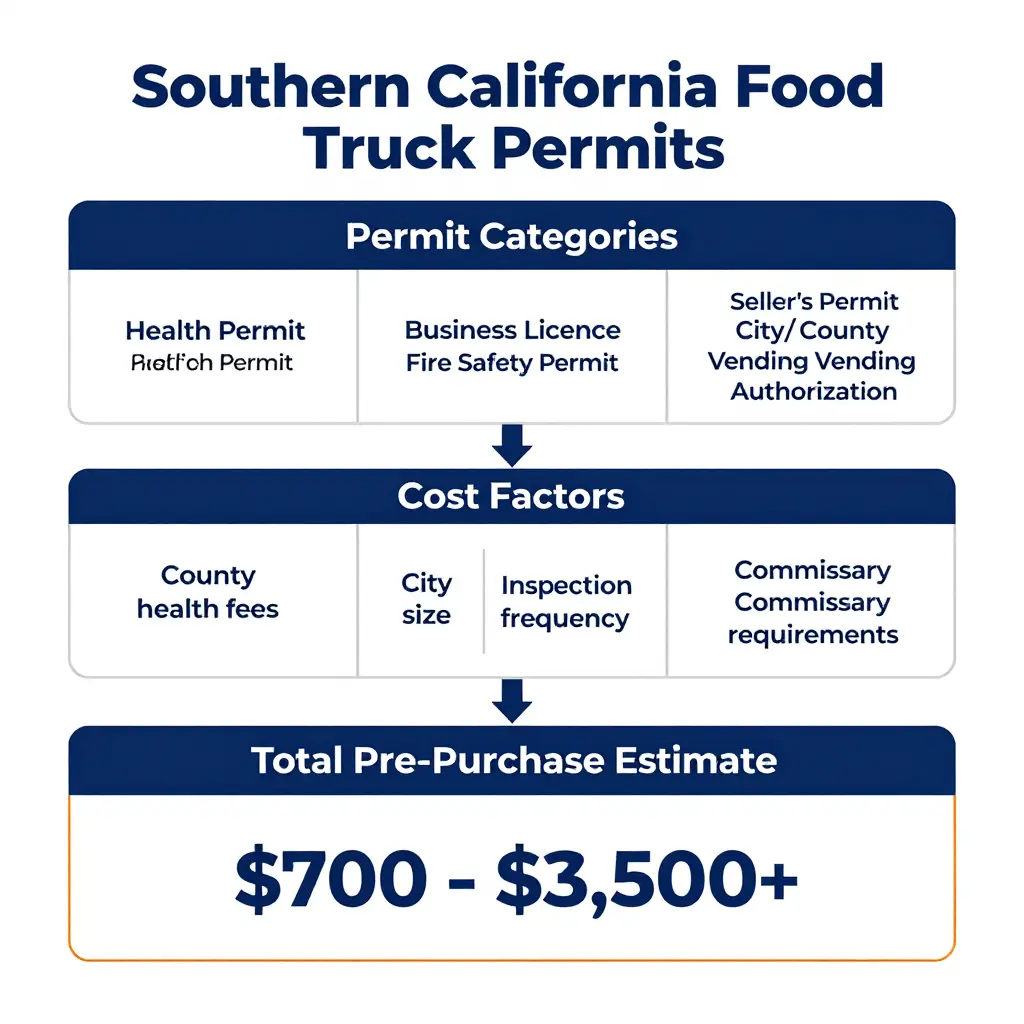 Flowchart showing food truck permit categories, cost factors, and total pre-purchase estimate for Southern California