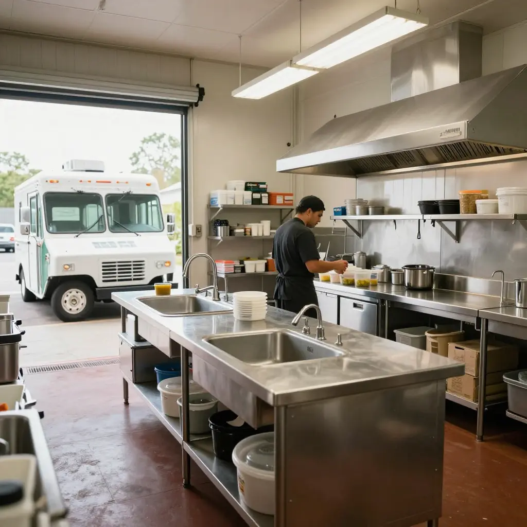 A clean commercial commissary kitchen serving food trucks in Southern California